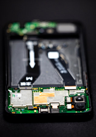 Close up of a mobile phone with broken screen on black background.の写真素材
