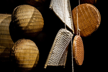 Bamboo baskets on black background. Wicker baskets are made of bamboo.の写真素材