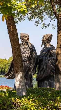 Statue of a mother and daughter in the park, Moscow, Russiaの写真素材