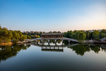 Beautiful view of the lake and bridge in the Summer Palace, Beijing, Chinaの写真素材