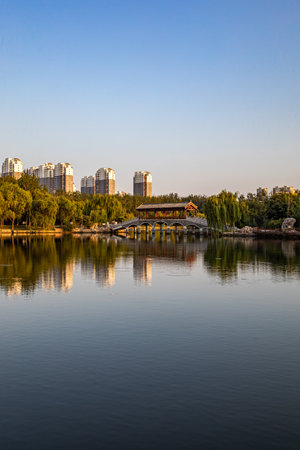 Landscape view of a lake in a park, north chinaの写真素材