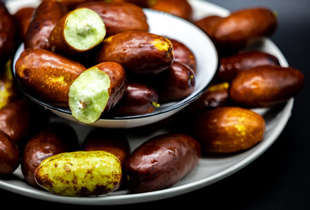 Jujube or jujube fruits in a bowl or plate on black background