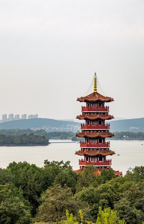 Tower of pagoda on the lake in Hangzhou, Chinaの写真素材