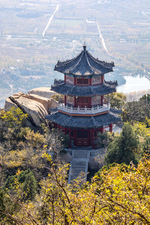 Pavilion at the top of the mountain in autumn, Chinaの写真素材
