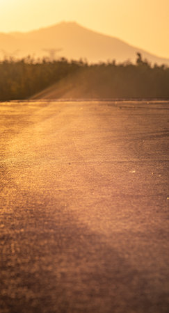 Road in the countryside at sunset. Selective focus with shallow depth of fieldの写真素材