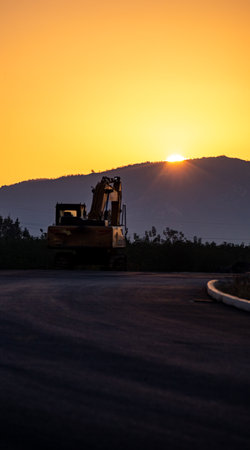 Backhoe working on a road at sunset in the Sierra Nevada mountainsの写真素材