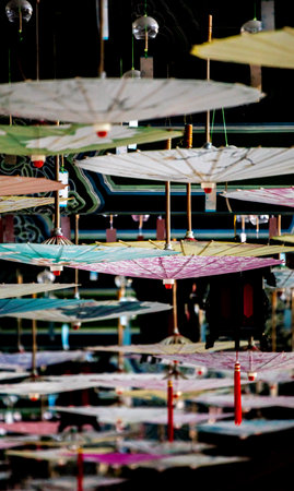 Colorful umbrellas in the night market, Bangkok, Thailandの写真素材