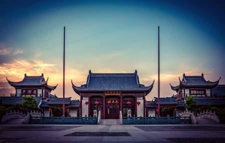 Beautiful architecture building in china temple at sunset time - vintage filterの写真素材