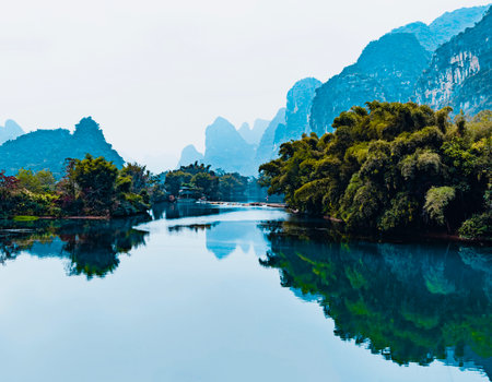 Landscape of karst mountains and river in Yangshuo Guilin, Chinaの写真素材