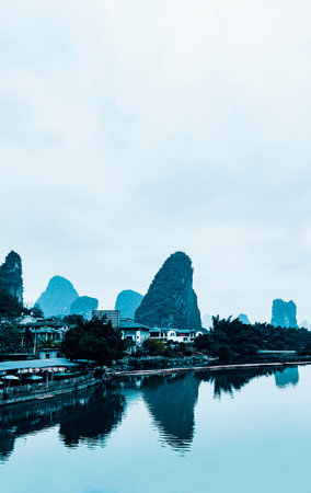 Limestone mountain and river landscape in Guilin, China.の写真素材