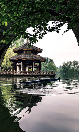 Chinese traditional pavilion on the lake in Hangzhou, China.の写真素材