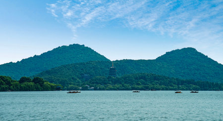 Landscape view of Hangzhou West Lake, China. Hangzhou West Lake is a lake located in Hangzhou, China.の写真素材