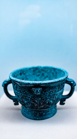 Ceramic cup on a blue background. Ceramic tableware.の写真素材