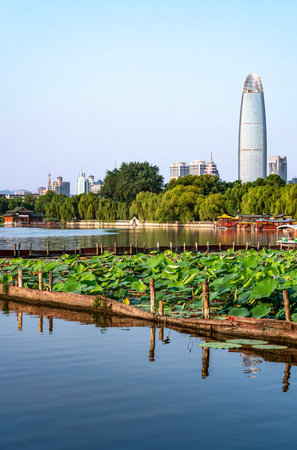 Hangzhou West Lake and Huangpu Tower, Suzhou, Chinaの写真素材