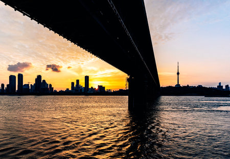 Shanghai Lujiazui Bridge at sunset, China.の写真素材