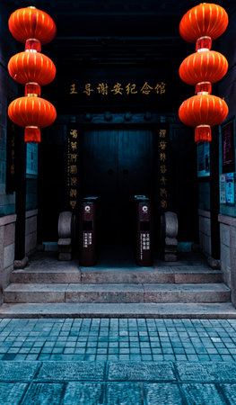 Red lanterns decorate the entrance of the Jinji Temple in Shanghai.