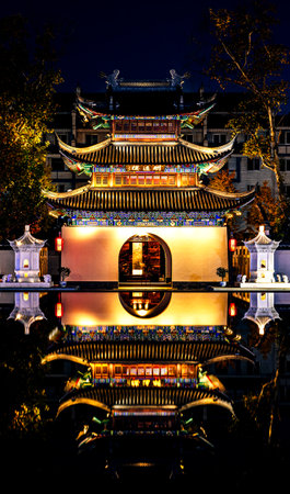Night view of chinese pagoda in Nanjing, China.のeditorial素材
