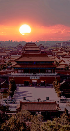 Sunset in Forbidden City, Beijing, China. Panoramic view of the Forbidden City.の写真素材