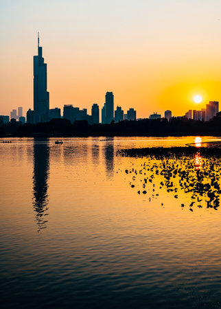 Beautiful cityscape and skyline at sunsetの写真素材