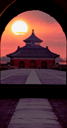 Sunset at the Forbidden City in Beijing, China. The Forbidden City is a UNESCO World Heritage Site.の写真素材