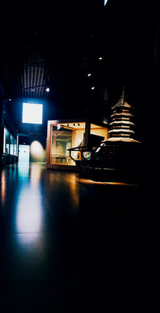 Pagoda in Hong Kong Museum of Fine Arts at night.