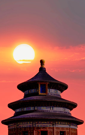 Temple of Heaven at sunset in Beijing, China. The Temple of Heaven is one of the main tourist attractions in Beijing.の写真素材