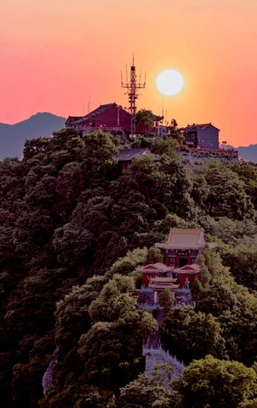 Pagoda on the top of the mountain at sunset, China.のeditorial素材