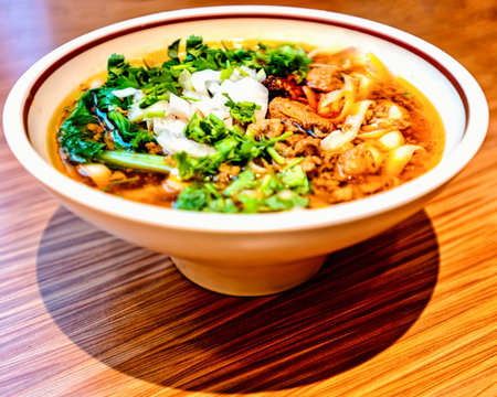 Bowl of spicy noodle soup with pork and vegetables on wooden table