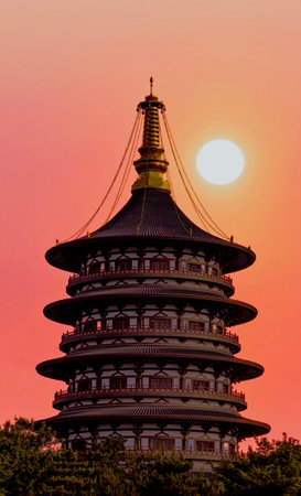 The pagoda in the temple at sunset, closeup of photoの写真素材