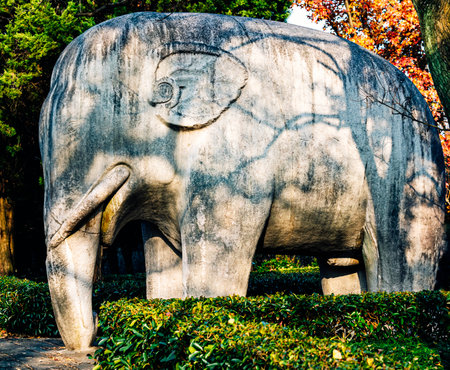 Elephant statue in the park at autumn time, Bangkok, Thailand.のeditorial素材
