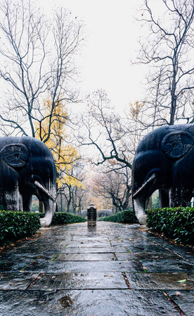 Elephant statues in a park, Beijing, China. The park is famous for its unique architecture.の写真素材