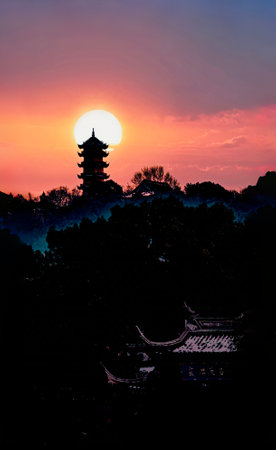 Silhouette of pagoda at sunset, Nanjing, Chinaの写真素材