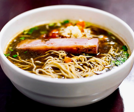 Chinese noodle soup with pork and vegetables in white bowl on tableの写真素材