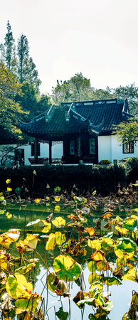 Korean traditional architecture in the park, Hangzhou, China.のeditorial素材