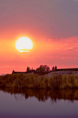 Sunset over the Volga River in Tatarstan, Russiaの写真素材