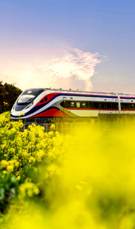 High speed train and rape flower field at sunset in springtime.の写真素材