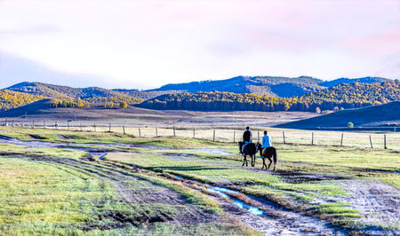 Horseback riding on the prairie in the fall, Colorado.の写真素材