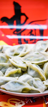 Chinese dumplings on a plate, close-up, selective focusの写真素材