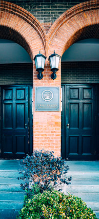 Lanterns at the entrance to a building in New York Cityのeditorial素材