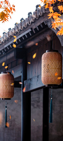 Japanese lanterns with autumn leaves in the old town of Kyoto, Japan.の写真素材