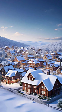 Winter village with wooden houses and snowdrifts in the foreground.