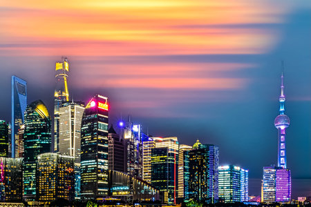 Shanghai skyline at sunset, China.