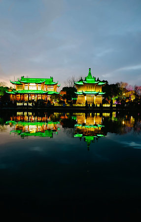 Beautiful Hangzhou West Lake at night, China. Long exposure.