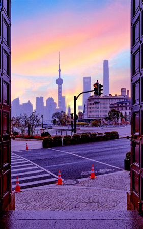 Shanghai Lujiazui financial district at sunset, China.のeditorial素材