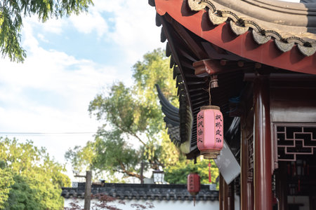 Traditional chinese lanterns at the entrance to a Buddhist temple.