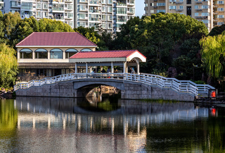 Pavilion on the bank of a lake in the city parkの写真素材