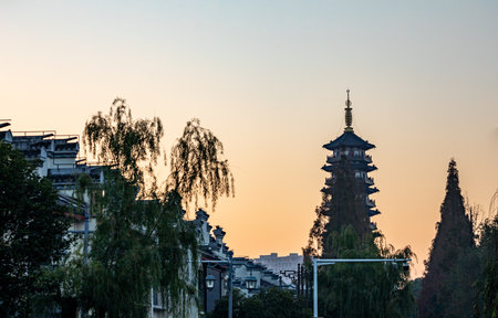 Sunset view of the pagoda in Suzhou, China.の写真素材