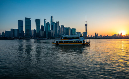 Shanghai skyline at sunset, China.