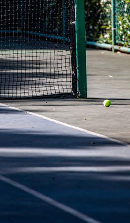 Tennis ball on the court with net in the background, sportの写真素材