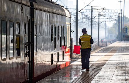 Rear view of a man waiting for a train at the stationの写真素材